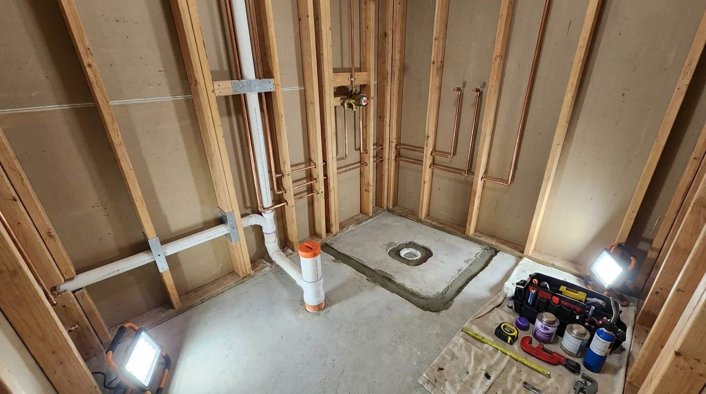 Bathroom rough-in plumbing during remodel by Johns Plumbing LLC in Gregory