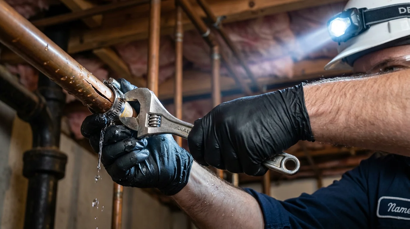 Emergency pipe clamp repair being performed by a Johns Plumbing LLC plumber in Gregory