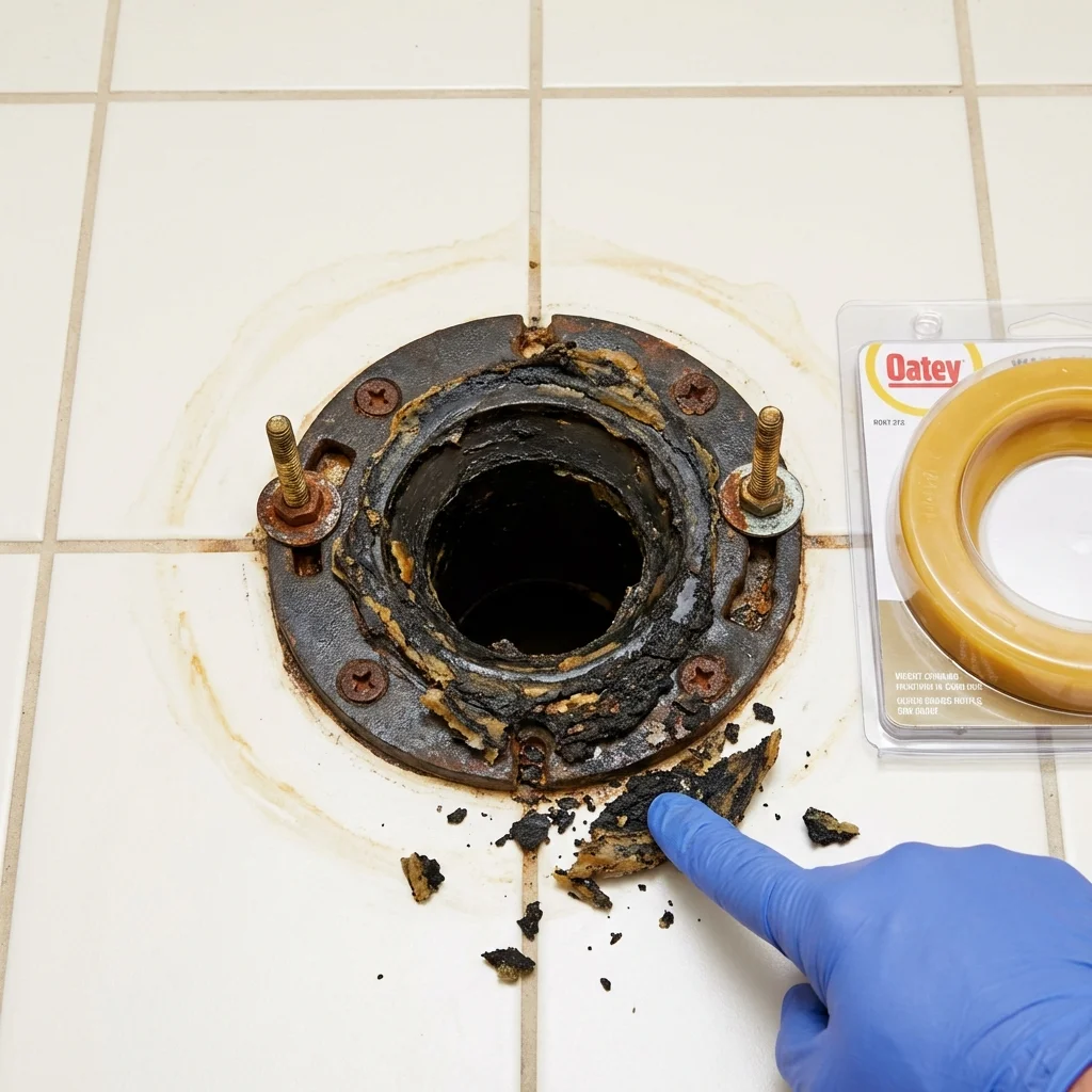 Failed wax ring showing water seepage at the base of a toilet in a Gregory, SD home