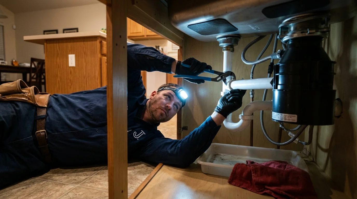 P-trap and supply line connections under a kitchen sink showing a common leak point in Gregory, SD